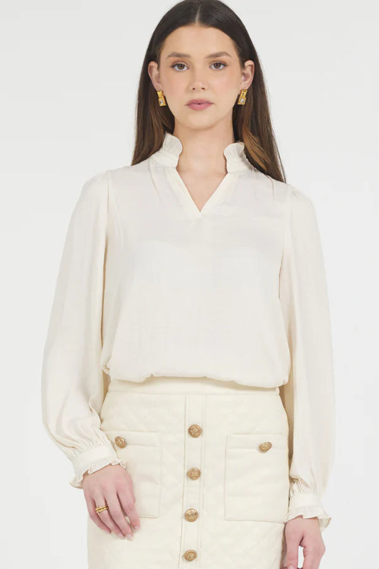 Split V-Neck Blouse with Ruffle Trim - Cream