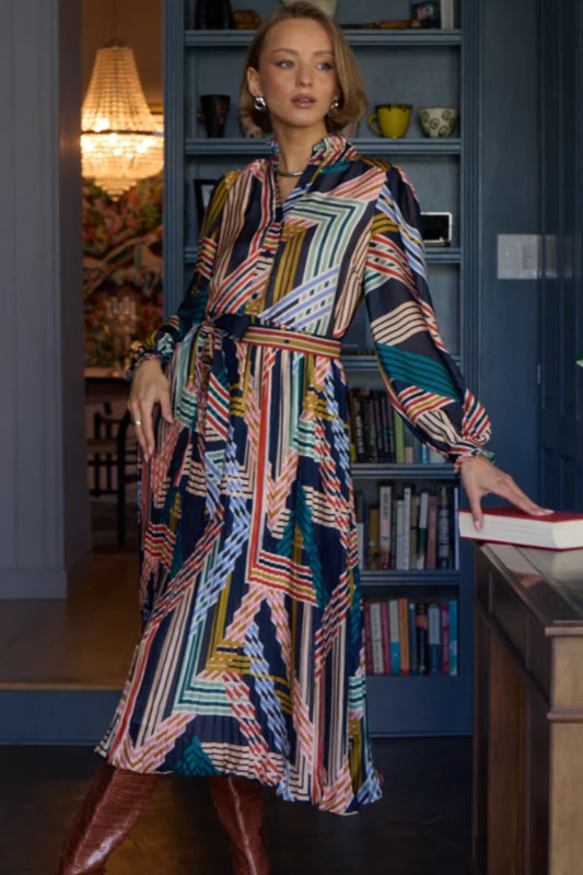 Geo Print Midi Dress with Pleated Skirt