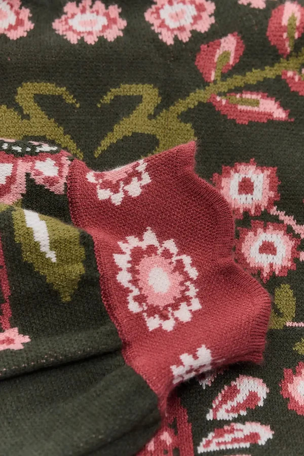 High Neck Long Sleeve Floral Sweater - Olive