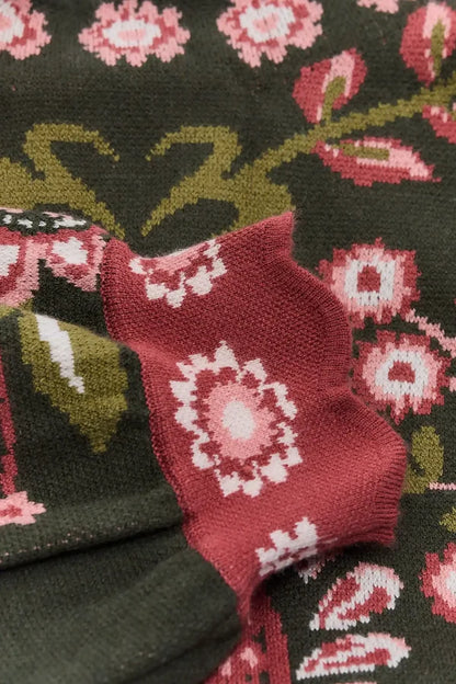 High Neck Long Sleeve Floral Sweater - Olive