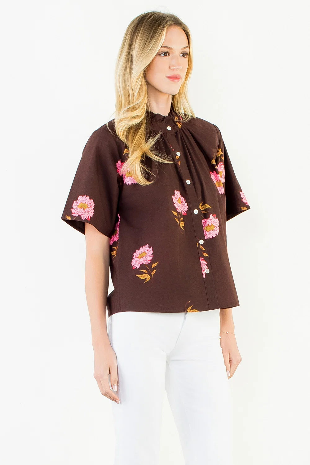 Flower Print Button Up Top - Brown