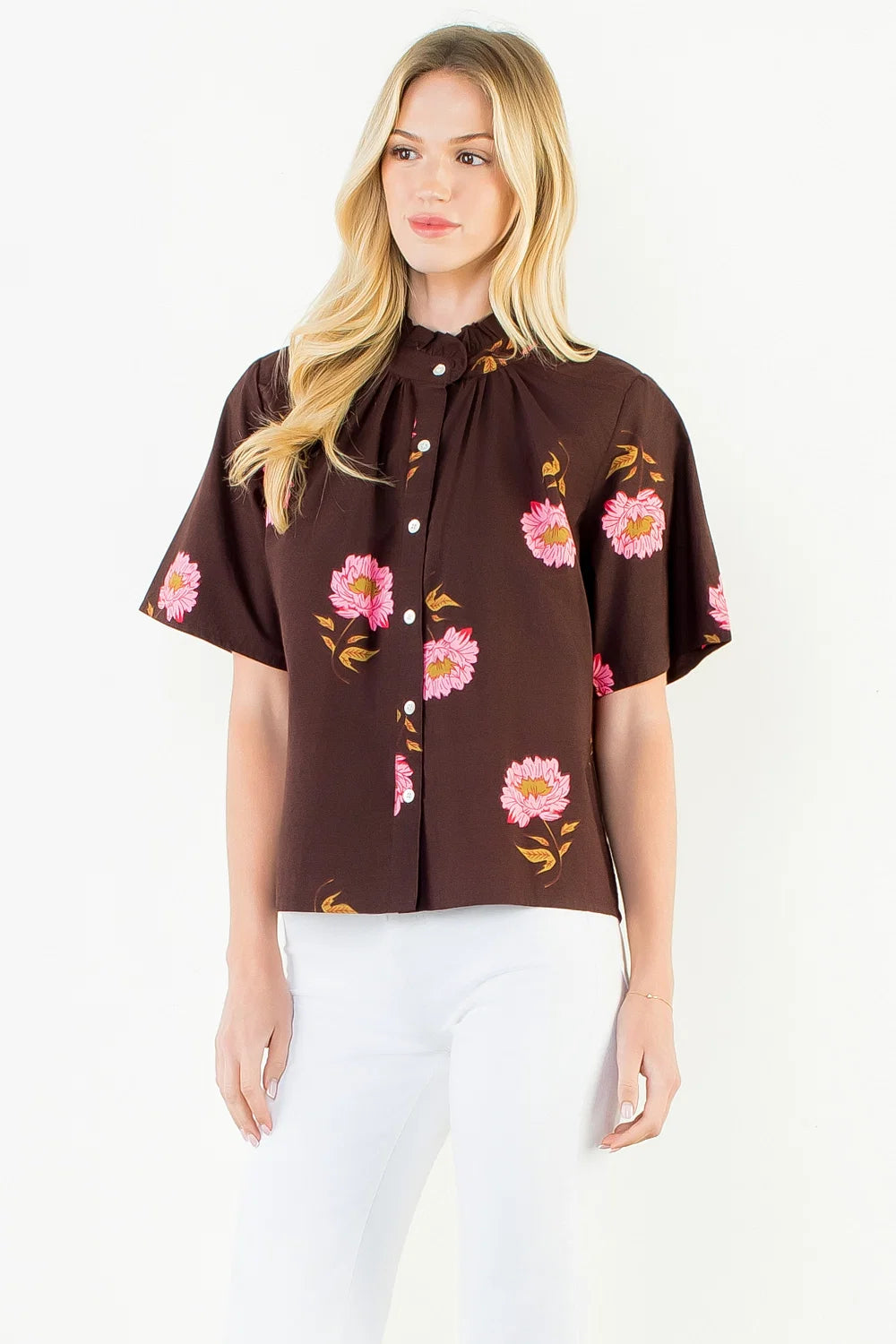 Flower Print Button Up Top - Brown