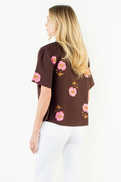 Flower Print Button Up Top - Brown