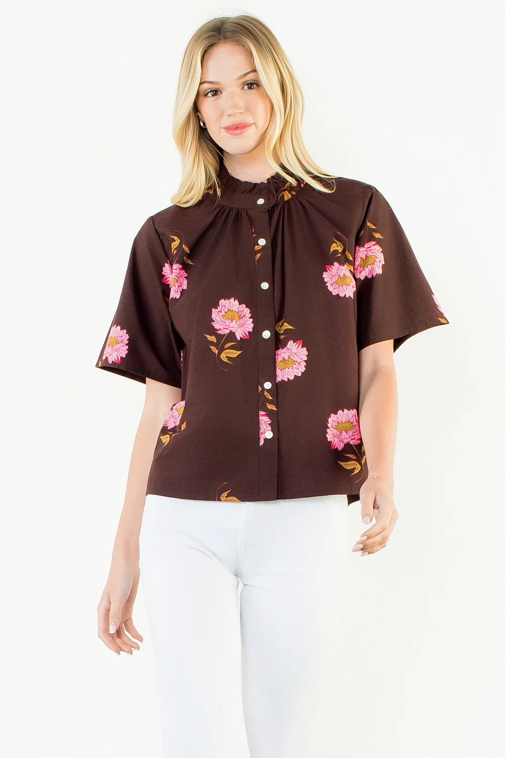 Flower Print Button Up Top - Brown