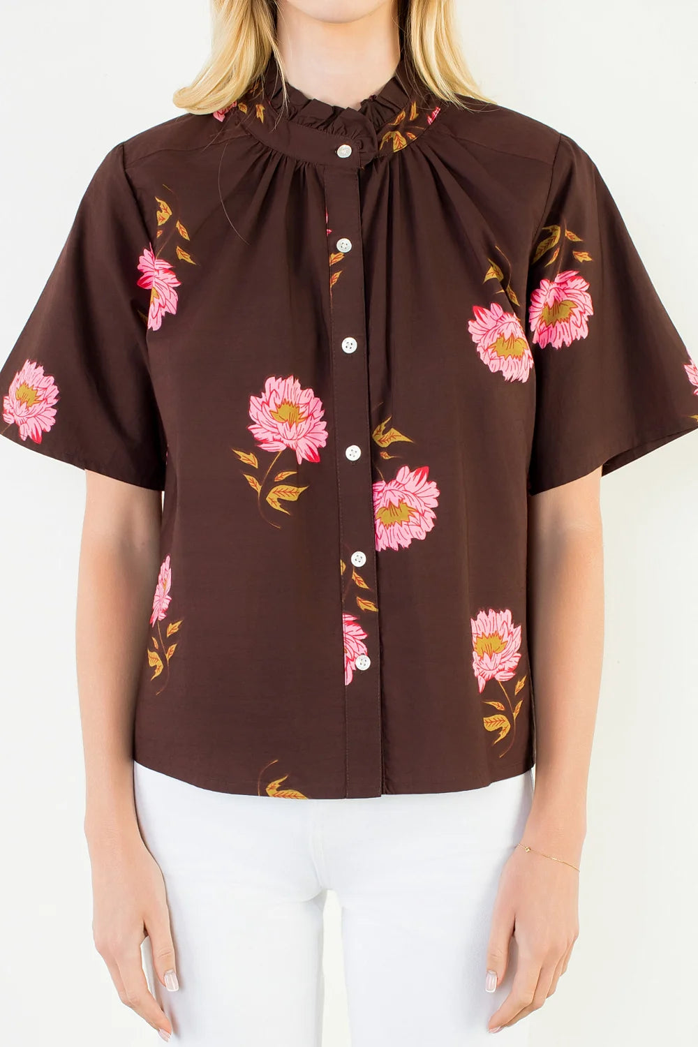 Flower Print Button Up Top - Brown