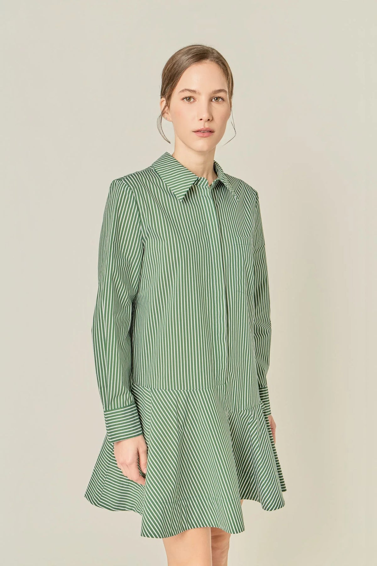 Stripe Collar Flared Skirt Dress - Dark Olive