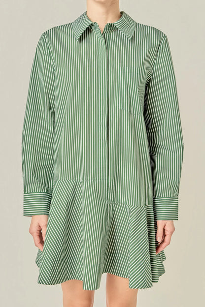 Stripe Collar Flared Skirt Dress - Dark Olive