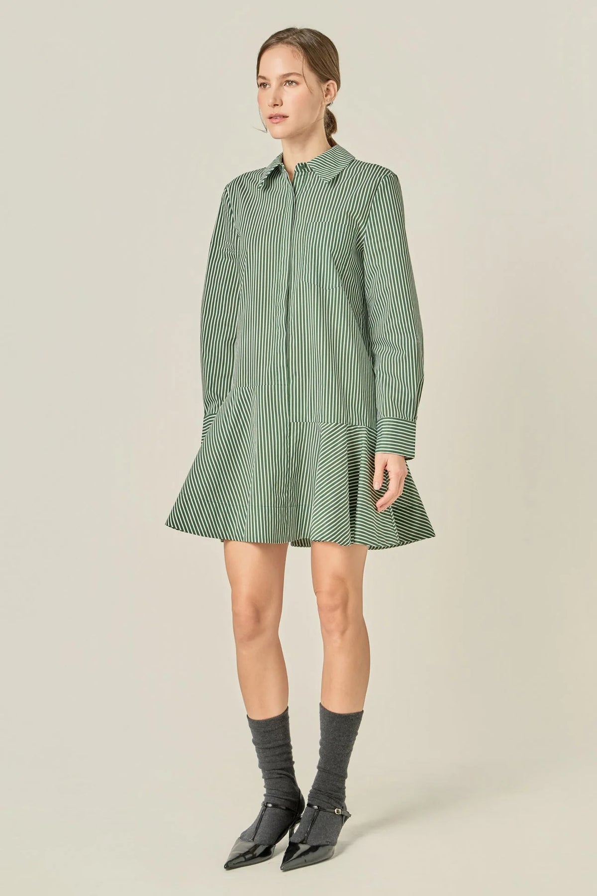 Stripe Collar Flared Skirt Dress - Dark Olive