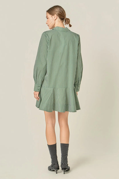 Stripe Collar Flared Skirt Dress - Dark Olive