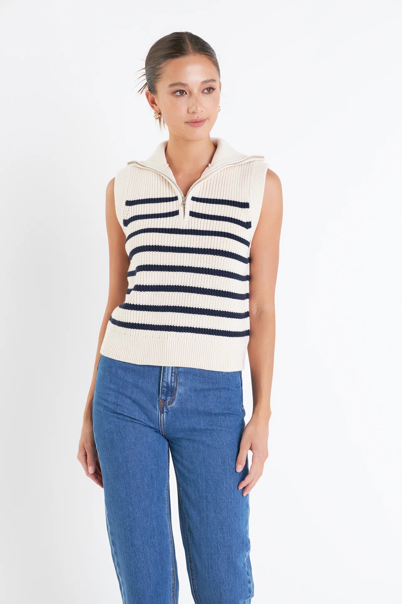 Stripe Half Zip Up Sleeveless Top - Cream/Navy