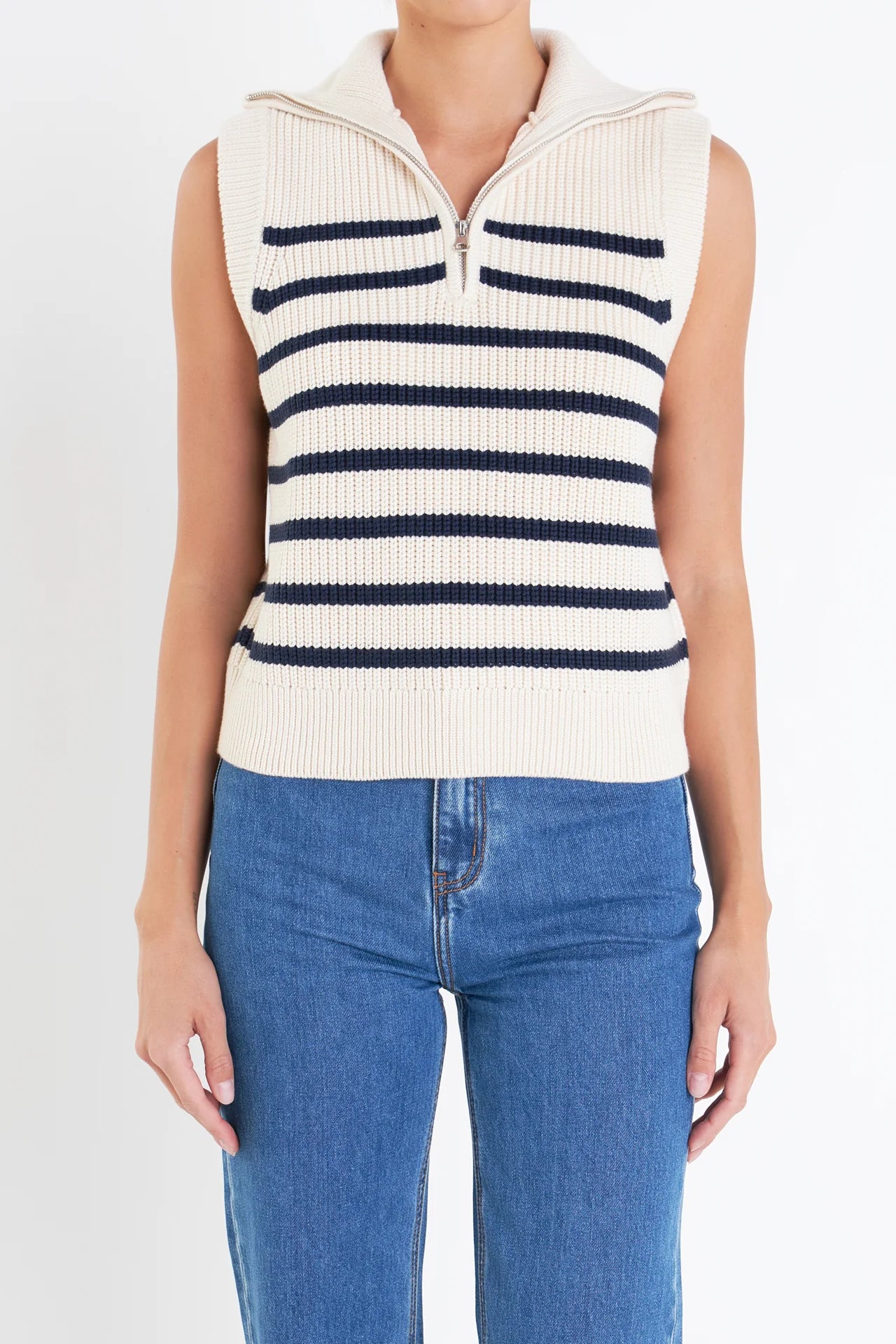 Stripe Half Zip Up Sleeveless Top - Cream/Navy