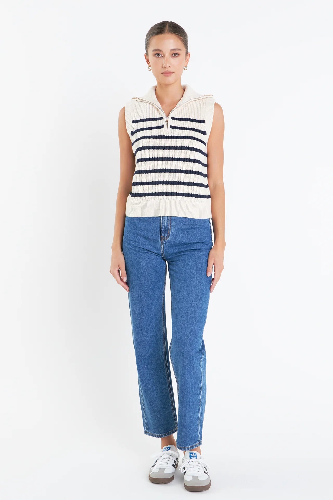 Stripe Half Zip Up Sleeveless Top - Cream/Navy