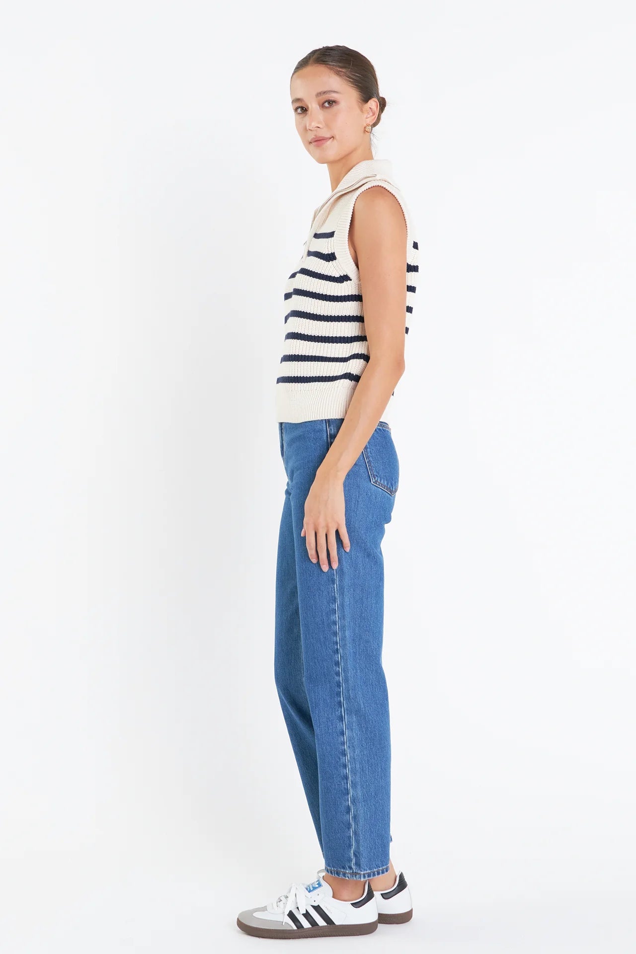 Stripe Half Zip Up Sleeveless Top - Cream/Navy