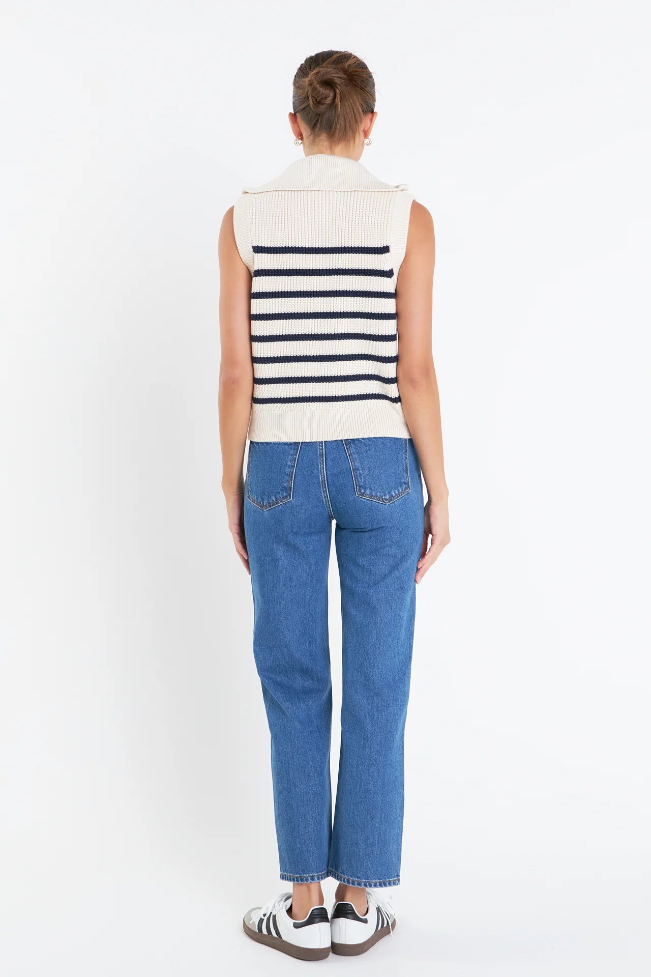 Stripe Half Zip Up Sleeveless Top - Cream/Navy