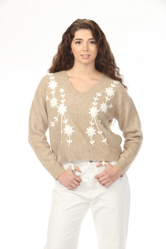 Luna Floral Applique V-Neck Sweater - Khaki
