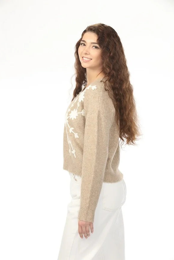 Luna Floral Applique V-Neck Sweater - Khaki