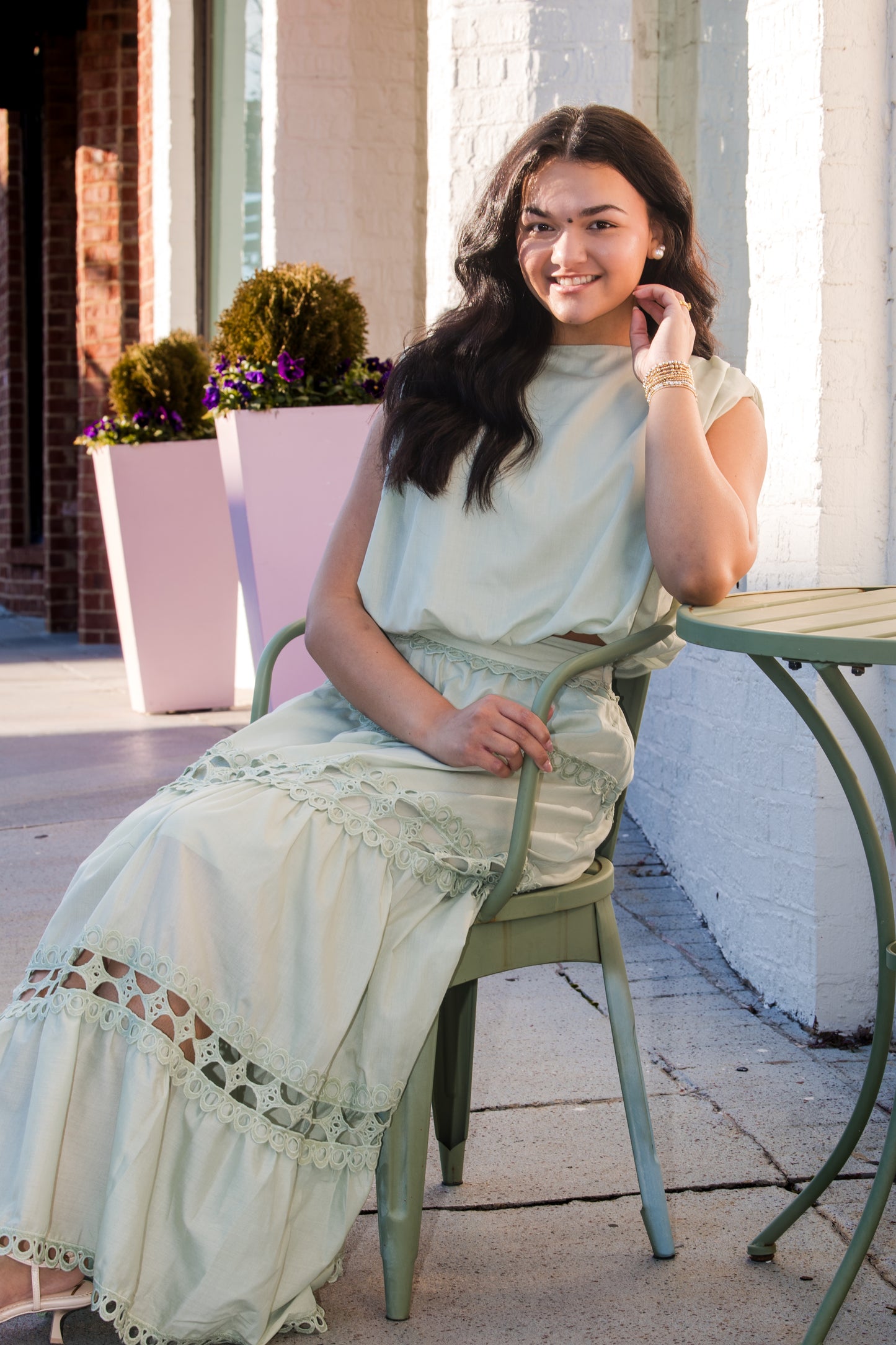 Lace Trimmed Maxi Skirt Set - Sage