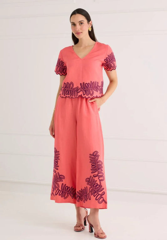 Gemma Pant - Coral Royal Palms Embroidery
