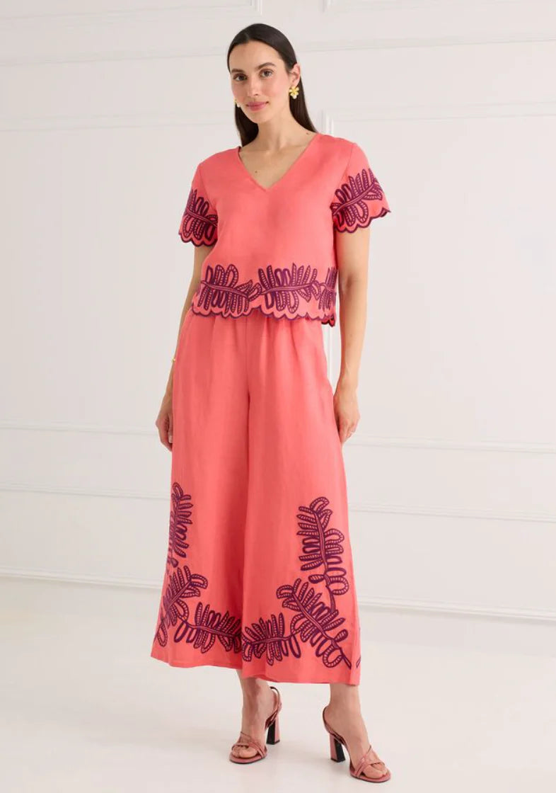 Lani Top - Coral Royal Palms Embroidery
