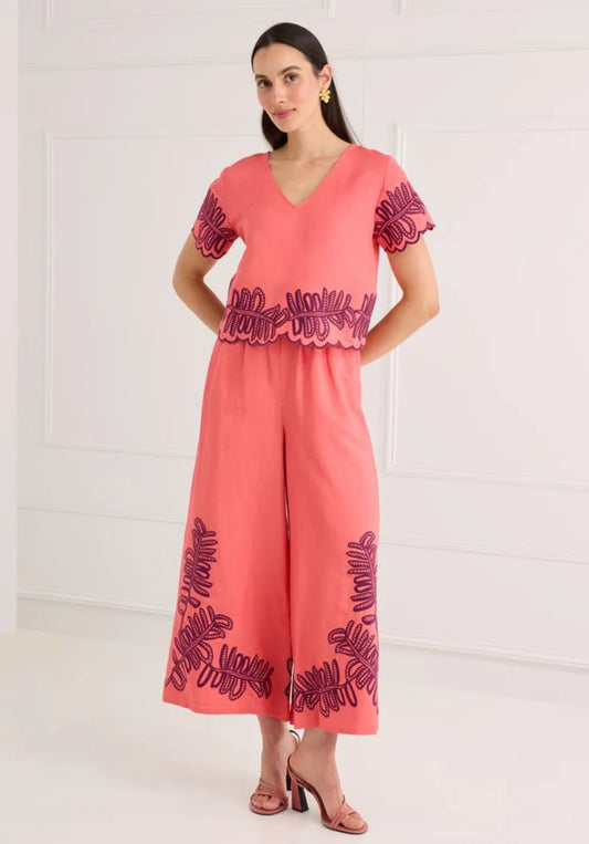 Lani Top - Coral Royal Palms Embroidery