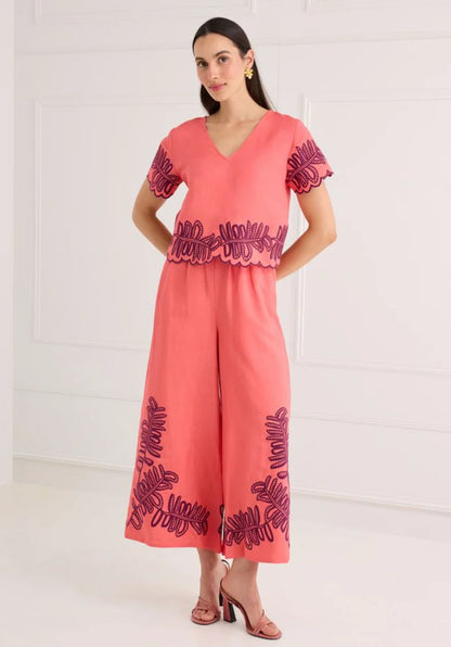 Gemma Pant - Coral Royal Palms Embroidery