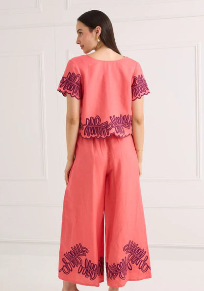 Gemma Pant - Coral Royal Palms Embroidery