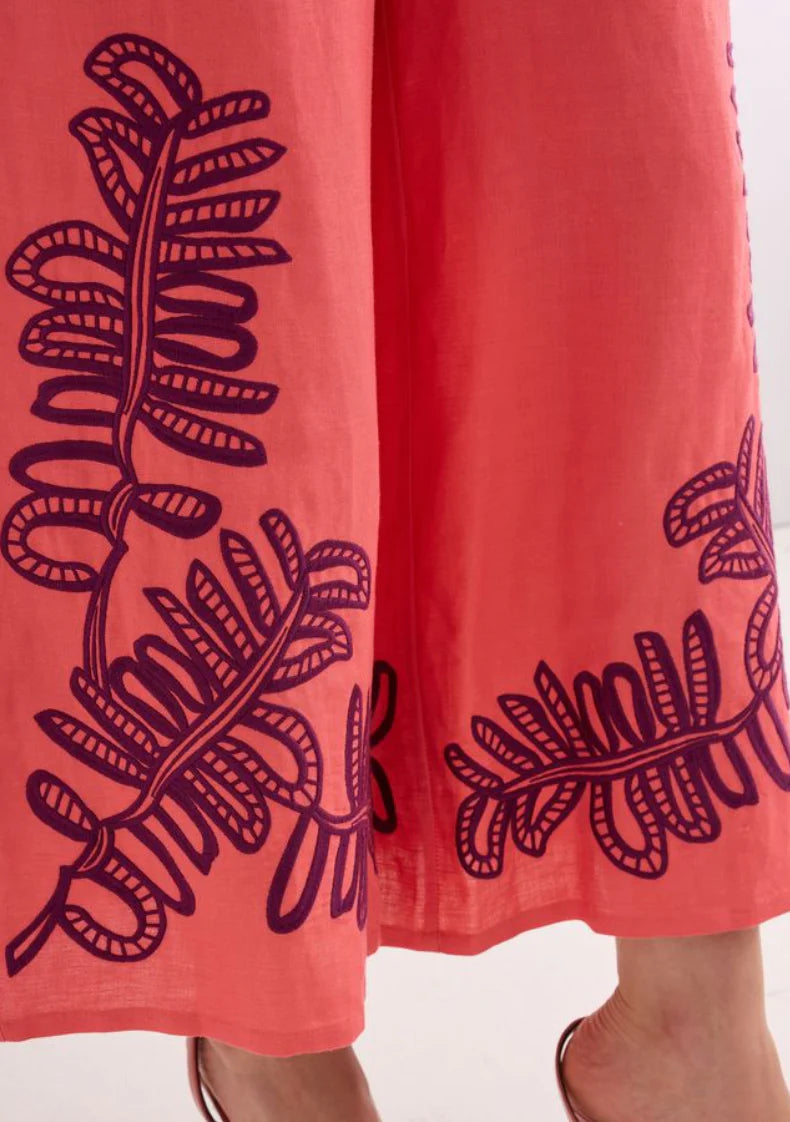 Gemma Pant - Coral Royal Palms Embroidery
