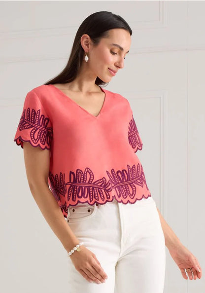 Lani Top - Coral Royal Palms Embroidery