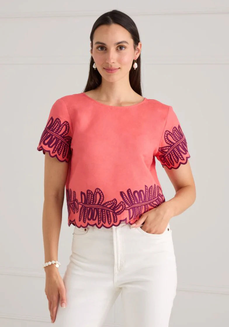 Lani Top - Coral Royal Palms Embroidery
