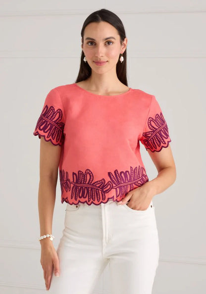 Lani Top - Coral Royal Palms Embroidery