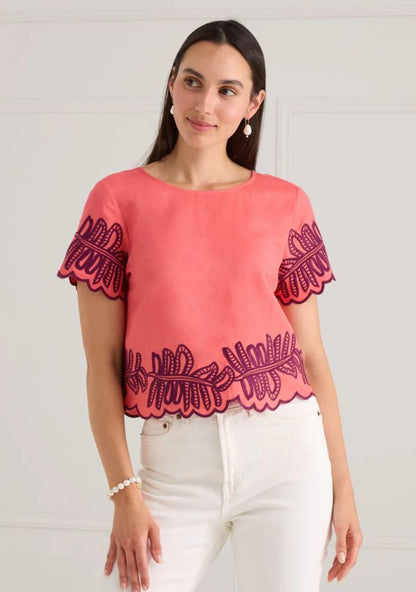 Lani Top - Coral Royal Palms Embroidery
