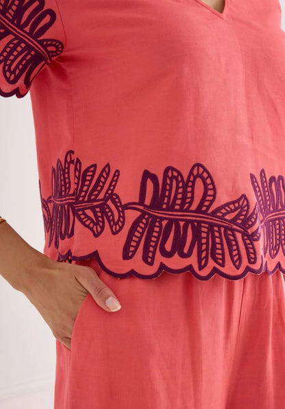 Lani Top - Coral Royal Palms Embroidery