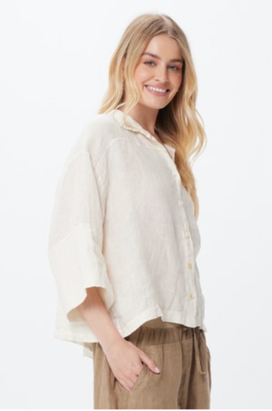 Selina Short Linen Shirt With Turn Up Sleeves - Cream