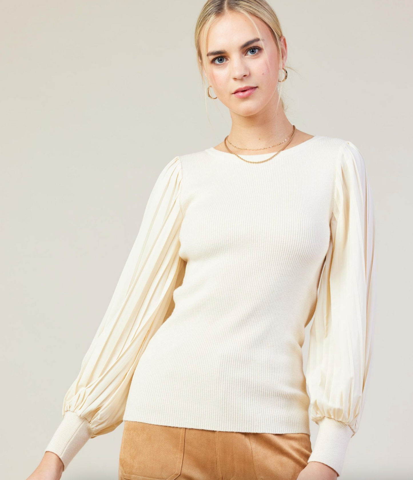 Mixed Media Pleated Long Sleeve Top