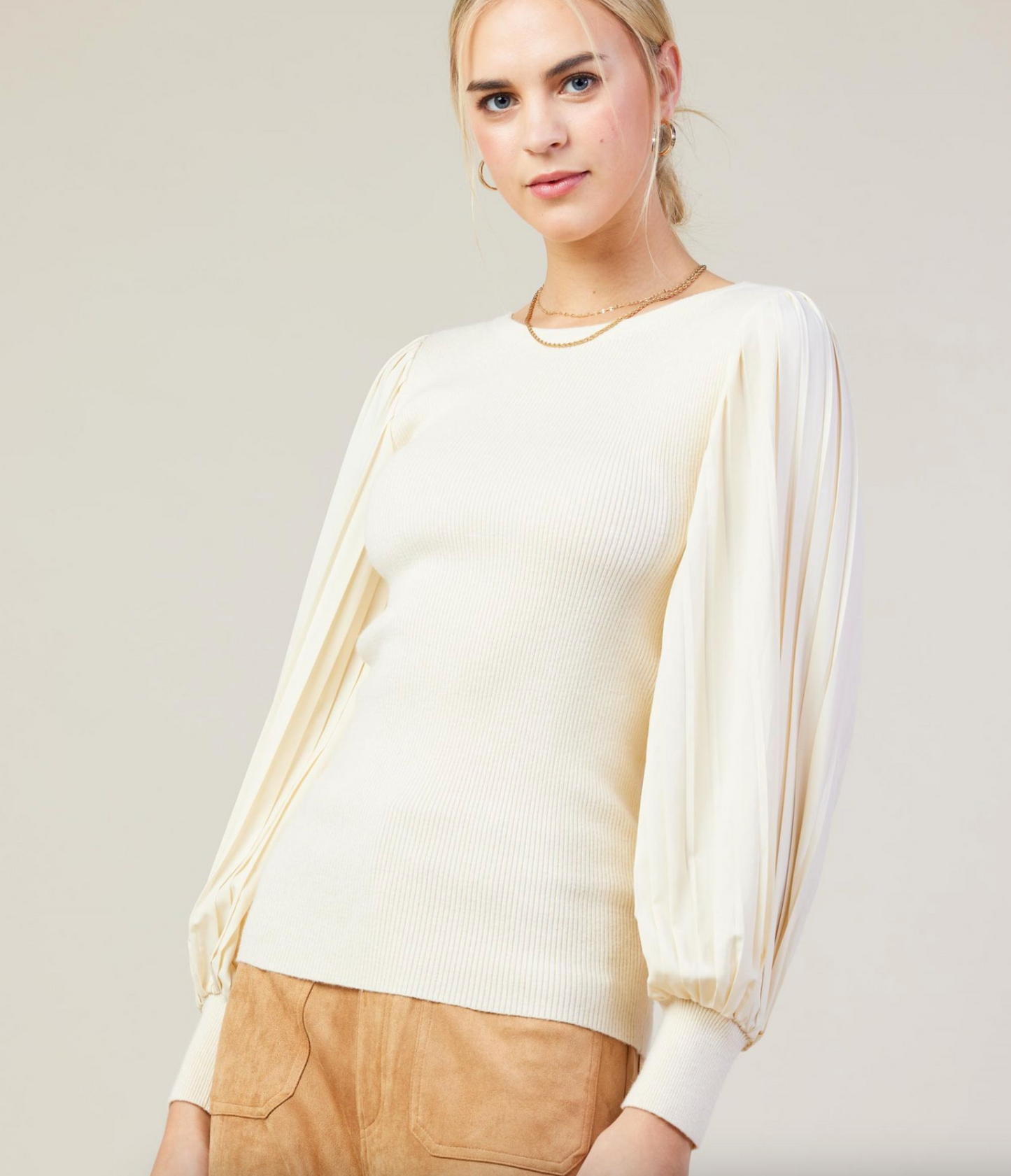 Mixed Media Pleated Long Sleeve Top