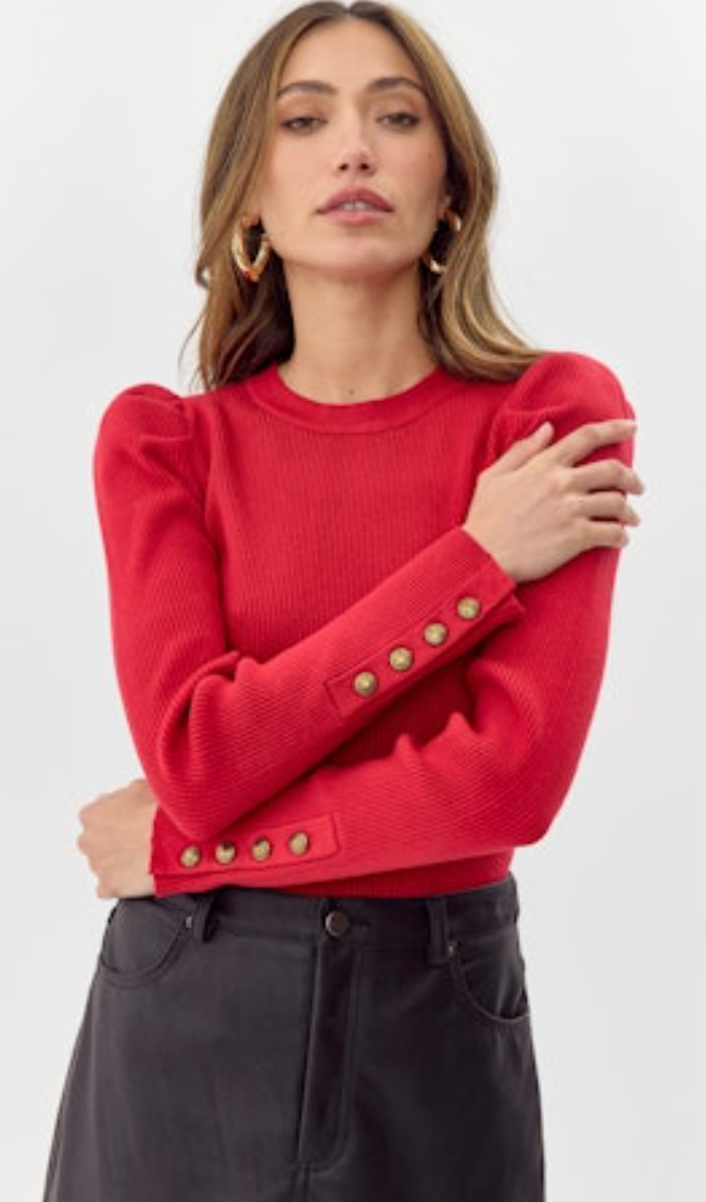 Dani Button Puff Sleeve Ribbed Knit Top - Red