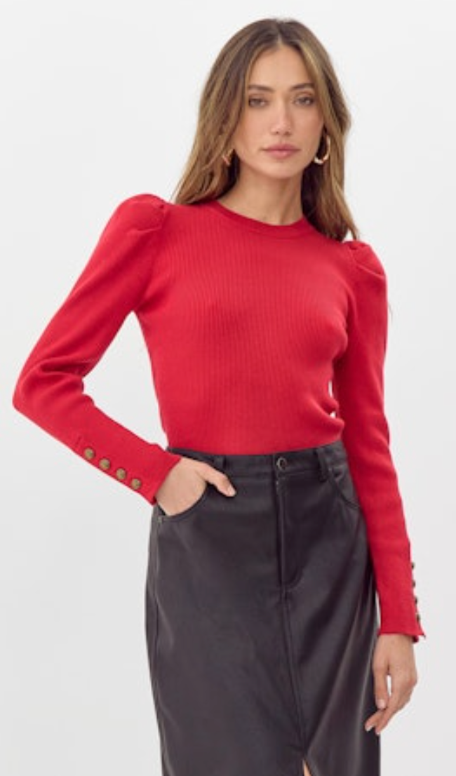 Dani Button Puff Sleeve Ribbed Knit Top - Red