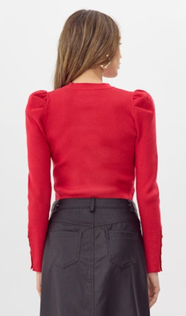 Dani Button Puff Sleeve Ribbed Knit Top - Red