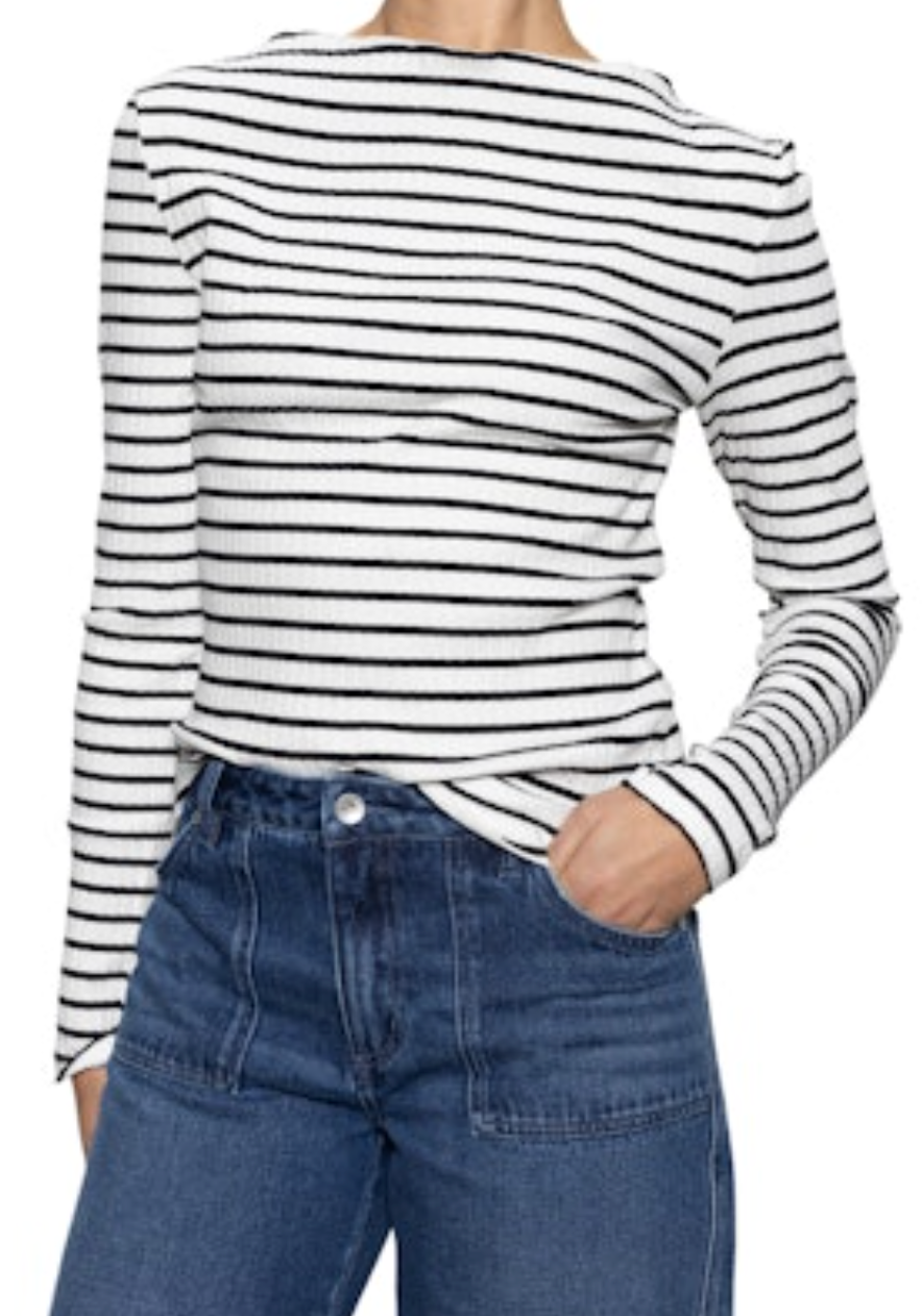 Long Sleeve Boat Neck T-Shirt - Chalk/Black Stripe