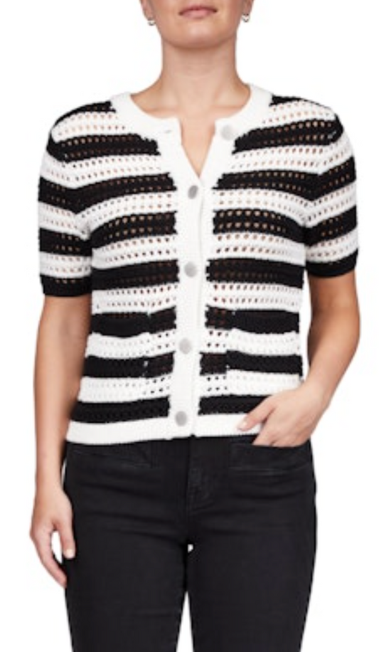 Open Knit Sweater Jacket - Chalk/Black Stripe