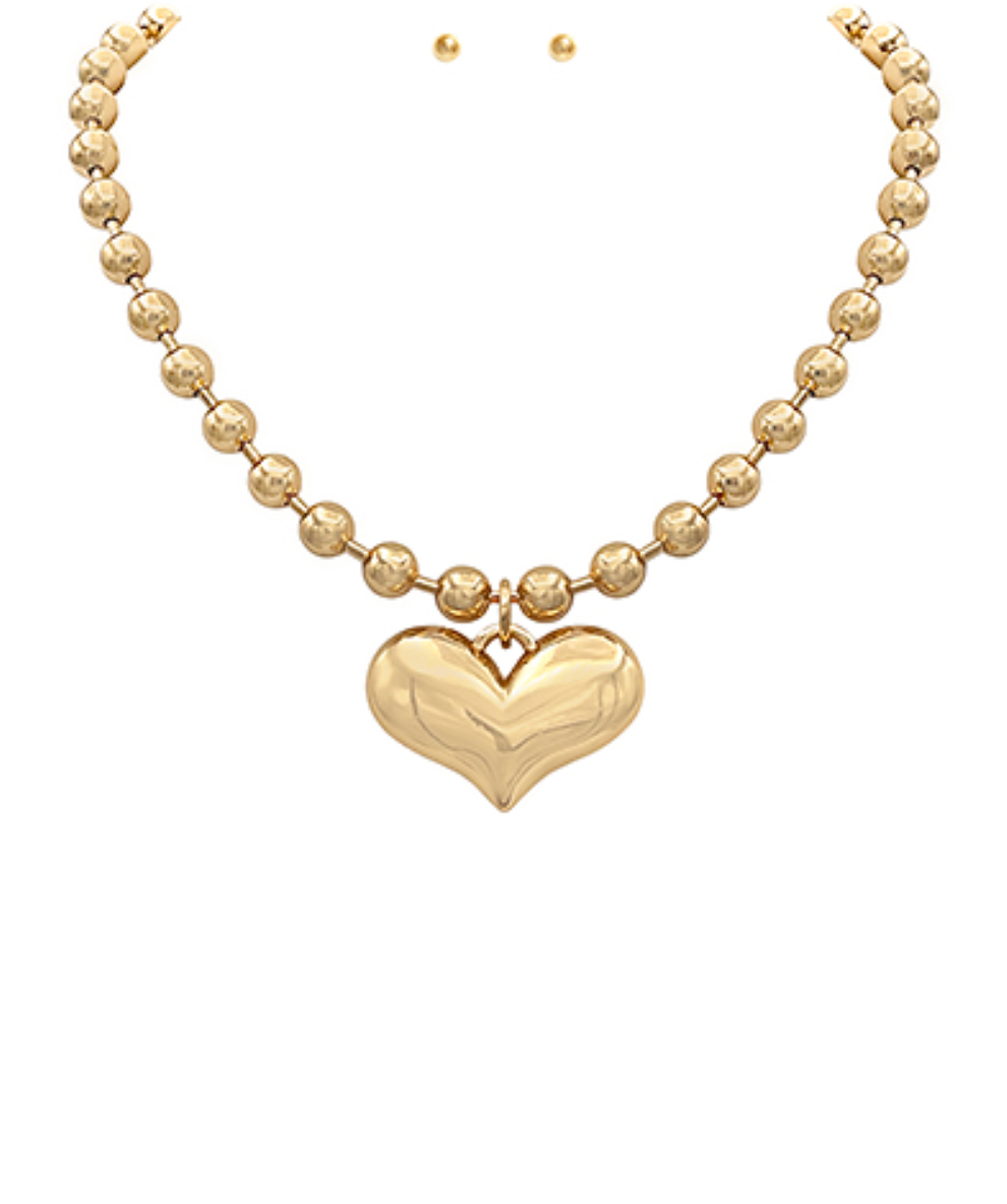 Ball Chain & Puffy Heart Necklace - Gold