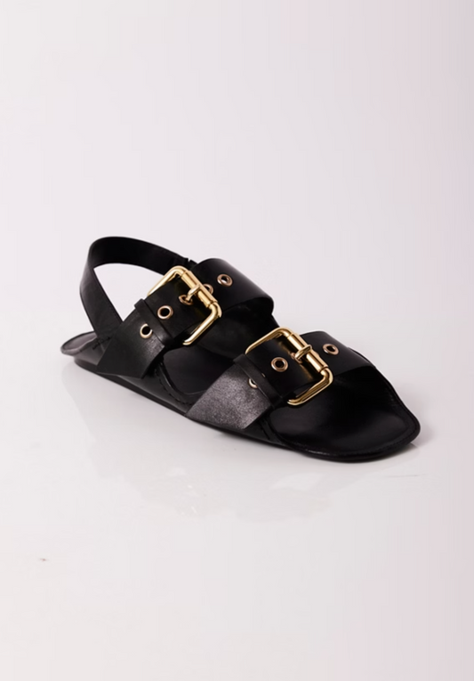 Free People Blossom Buckle Sandals - Black Leather