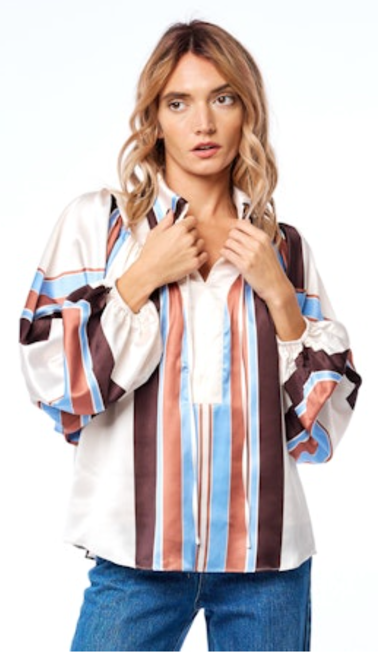 Nicolletta Engineered Striped Top - Brown Multi