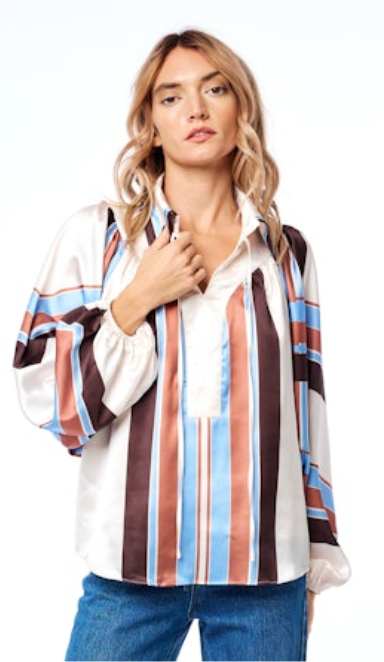 Nicolletta Engineered Striped Top - Brown Multi