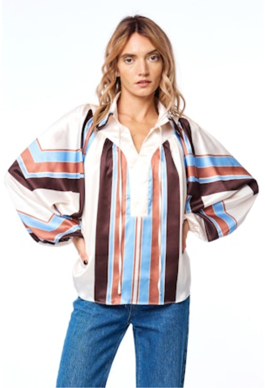 Nicolletta Engineered Striped Top - Brown Multi