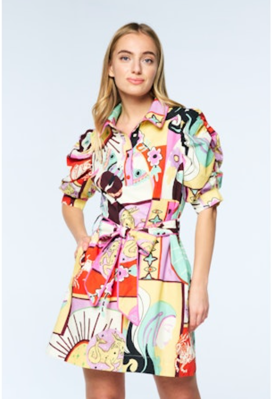 Scarlette Cotton Print Ruched Sleeve Mini Dress - Pink Multi