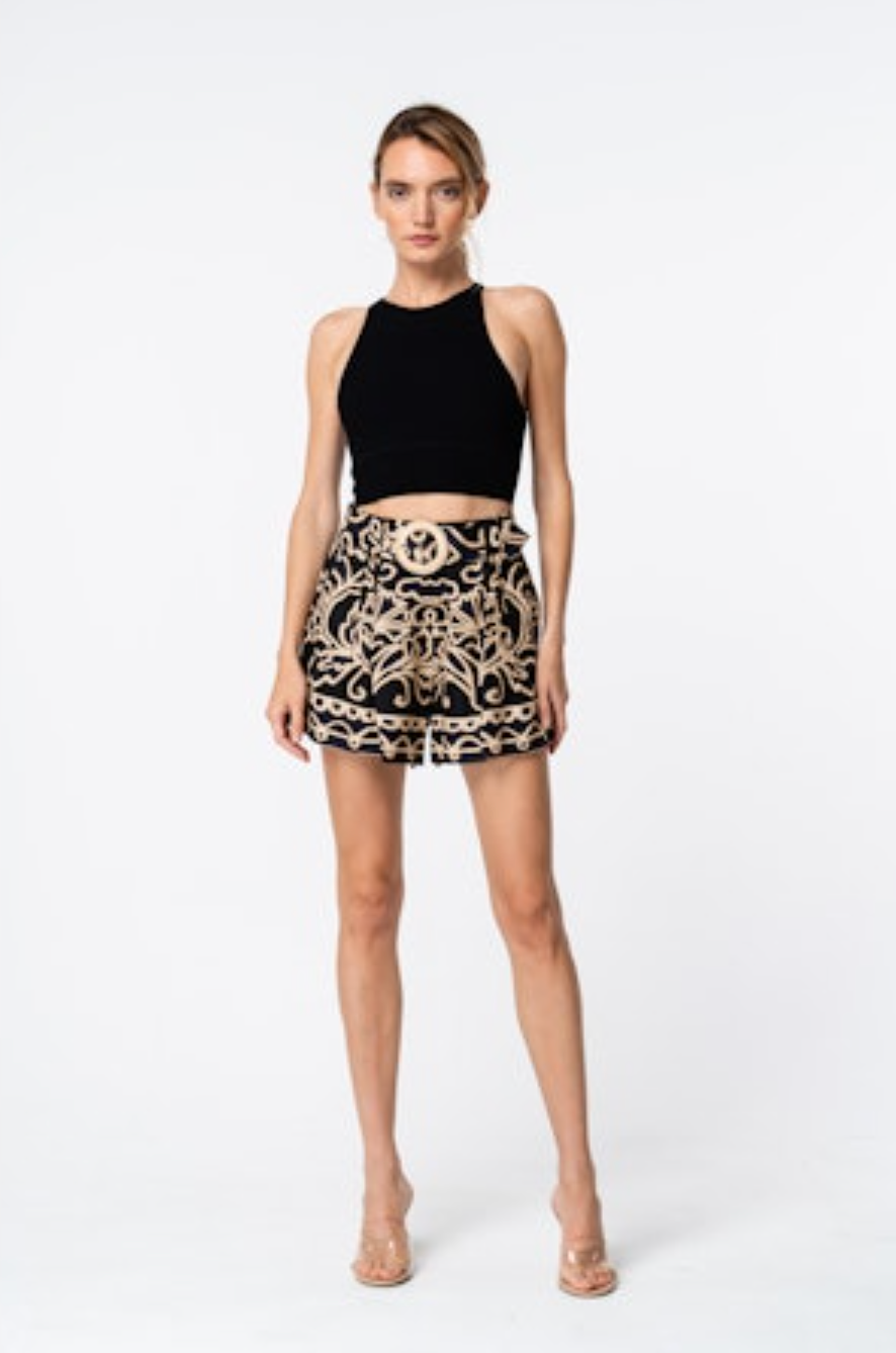 Aryvia Stencil Print Belted Short - Black