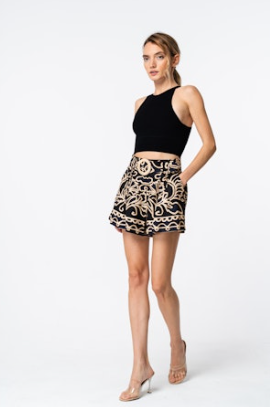 Aryvia Stencil Print Belted Short - Black