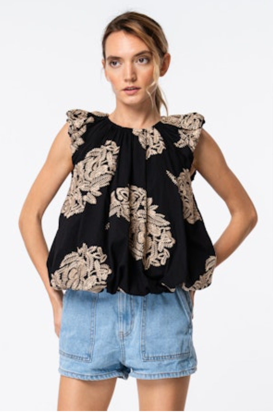 Sabrina Embroidered Bubble Sleeve Top - Black/Cream