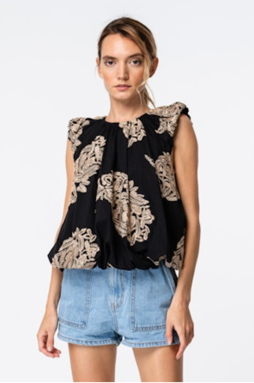 Sabrina Embroidered Bubble Sleeve Top - Black/Cream